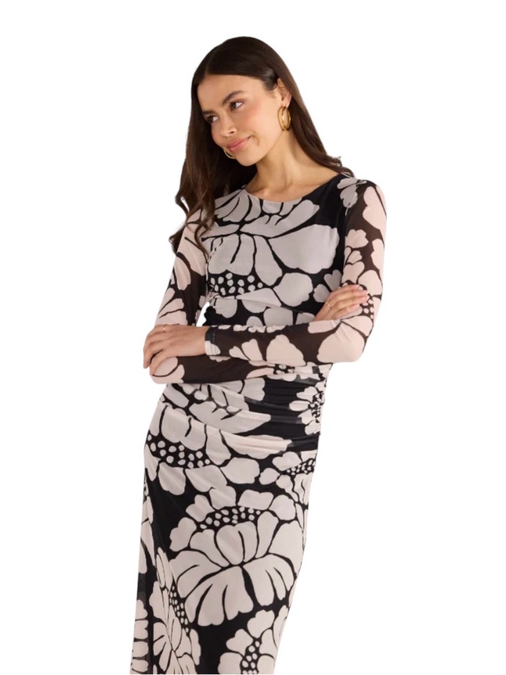 MinkPink Persiphone Maxi Fitted Black White Floral Maxi Draped Dress Women’s L